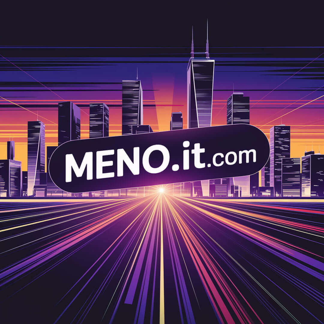 MENO.it.com premium domain for sale with a modern city skyline background and vibrant colors.